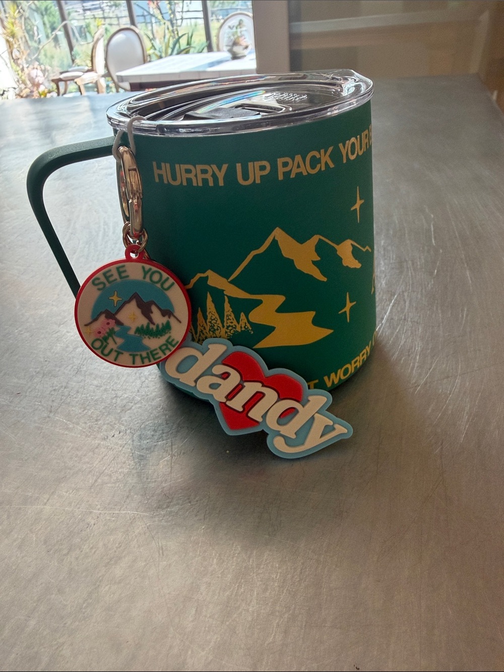 Starbucks Teal Travel Mug with Yellow Mountain Graphic and Red Charm